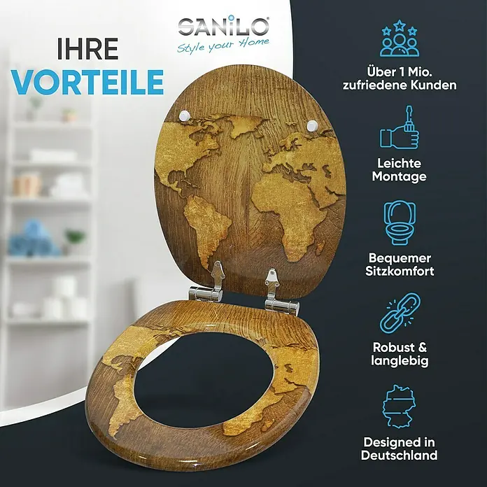 SANILO WC-Sitz World Map mit Absenkautomatik - MDF, Braun, Mit Absenkautomatik