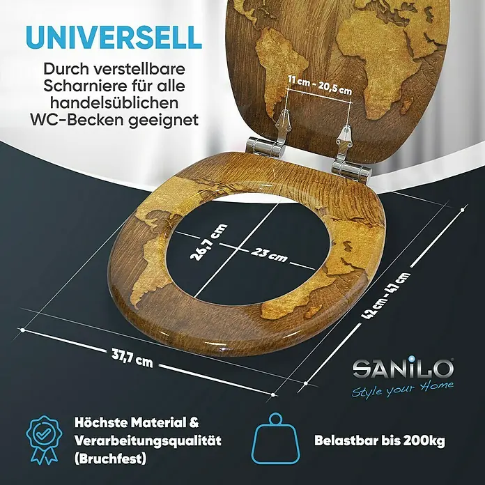 SANILO WC-Sitz World Map mit Absenkautomatik - MDF, Braun, Mit Absenkautomatik