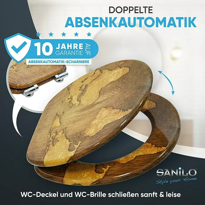 SANILO WC-Sitz World Map mit Absenkautomatik - MDF, Braun, Mit Absenkautomatik