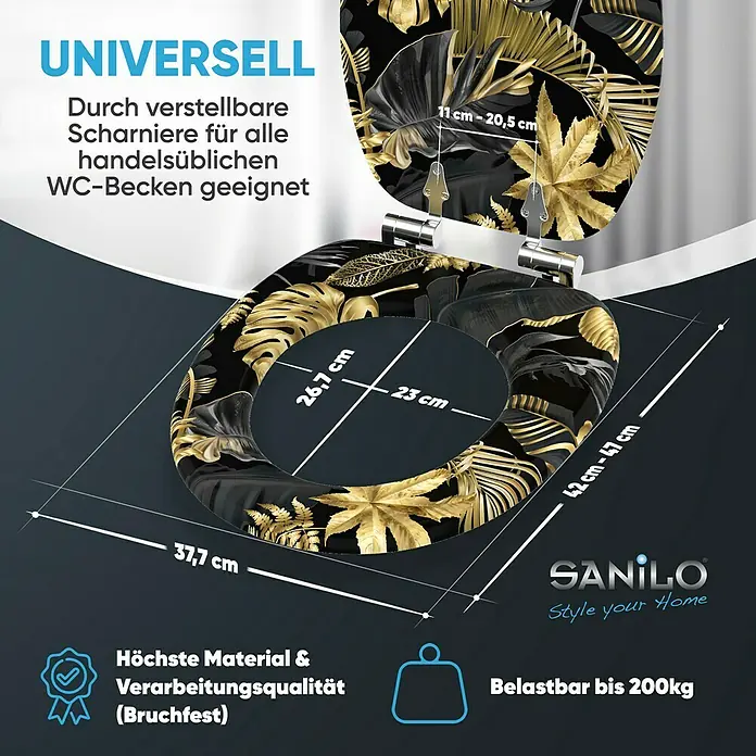 SANILO WC-Sitz Golden Leaves mit Absenkautomatik - MDF, Goldfarben, Mit Absenkautomatik