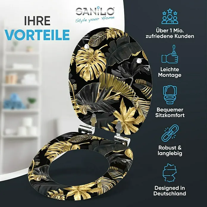 SANILO WC-Sitz Golden Leaves mit Absenkautomatik - MDF, Goldfarben, Mit Absenkautomatik