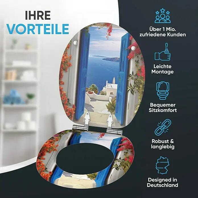 SANILO WC-Sitz Greece mit Absenkautomatik - MDF, Blau, Mit Absenkautomatik
