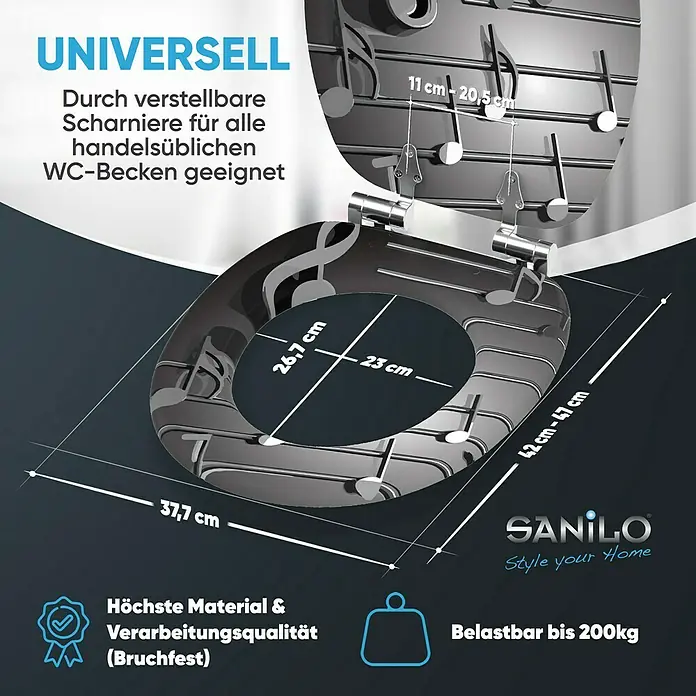 SANILO WC-Sitz Musical Notes mit Absenkautomatik - MDF, Grau, Mit Absenkautomatik