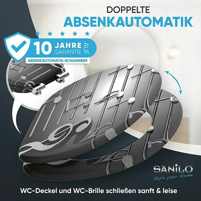 SANILO WC-Sitz Musical Notes mit Absenkautomatik - MDF, Grau, Mit Absenkautomatik