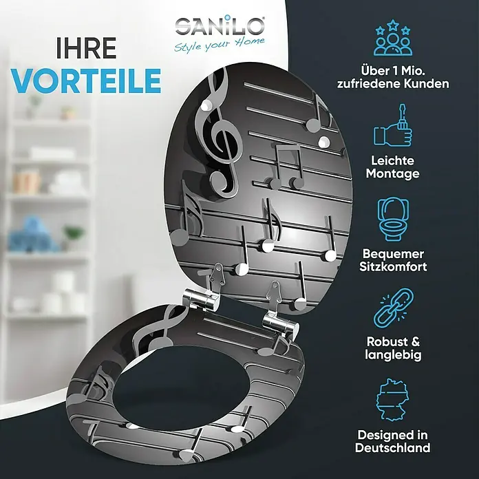 SANILO WC-Sitz Musical Notes mit Absenkautomatik - MDF, Grau, Mit Absenkautomatik