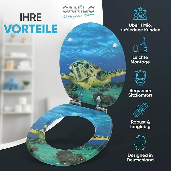 SANILO WC-Sitz Schildkröte mit Absenkautomatik - MDF, Blau, Mit Absenkautomatik