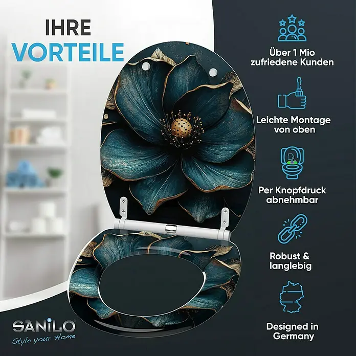 SANILO WC-Sitz Bellezza mit Schnellverschluss - MDF, Blau, Mit Absenkautomatik