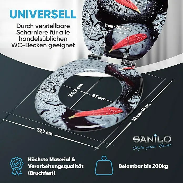 SANILO WC-Sitz Elegance mit Absenkautomatik - MDF, Schwarz|Grau|Rot, Mit Absenkautomatik