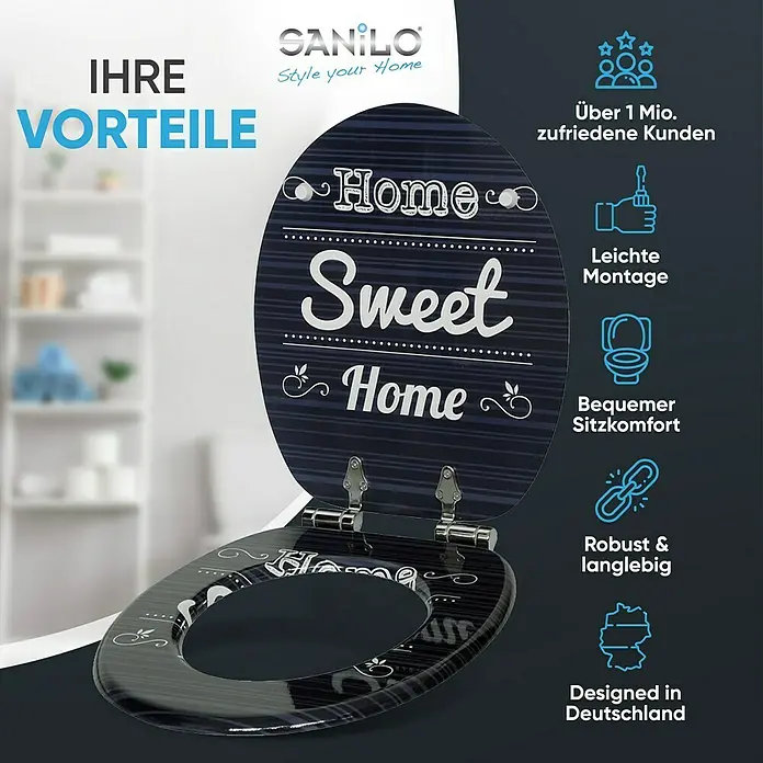 SANILO WC-Sitz Home Sweet Home mit Absenkautomatik - MDF, Blau, Mit Absenkautomatik