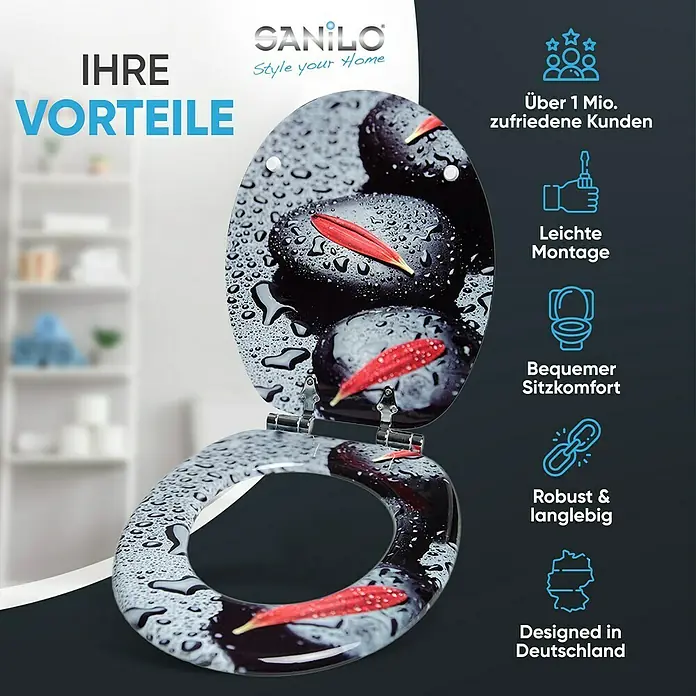 SANILO WC-Sitz Elegance mit Absenkautomatik - MDF, Schwarz|Grau|Rot, Mit Absenkautomatik
