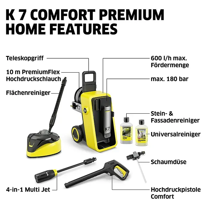 Kärcher Hochdruckreiniger K 7 Comfort Premium Home - 180 bar, 3.000 W, Fördermenge: 600 l/h, Inkl. Home-Kit - Gelb-schwarzer Kärcher K 7 Comfort Premium Hochdruckreiniger mit Zubehör wie Flächenreiniger, Düsen und Reinigungsmitteln, Spezifikationen hervorgehoben.