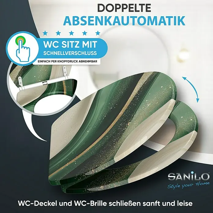 SANILO WC-Sitz Flow mit Schnellverschluss - MDF, Grün, Mit Absenkautomatik