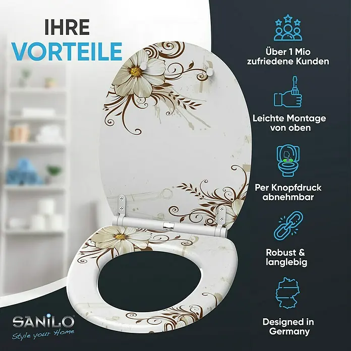 SANILO WC-Sitz Flower mit Schnellverschluss - Holz, Braun, Mit Absenkautomatik
