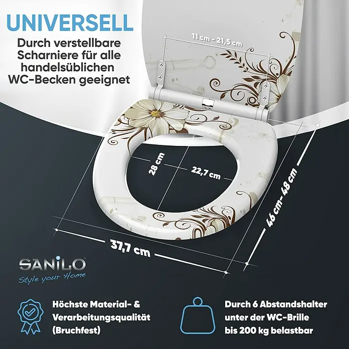 SANILO WC-Sitz Flower mit Schnellverschluss - Holz, Braun, Mit Absenkautomatik