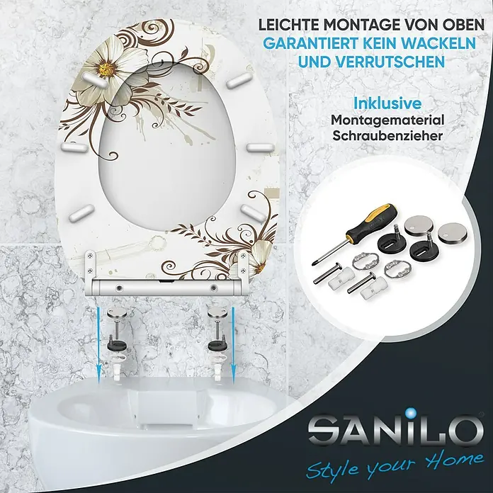 SANILO WC-Sitz Flower mit Schnellverschluss - Holz, Braun, Mit Absenkautomatik