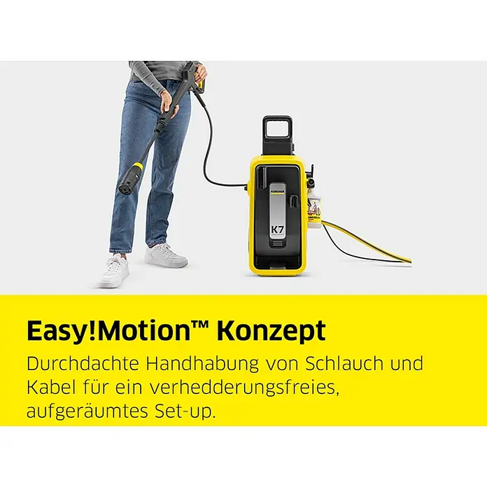 Kärcher Hochdruckreiniger K 7 Comfort Premium - 180 bar, 3.000 W, Fördermenge: 600 l/h, Ohne Home-Kit - Person bedient einen gelb-schwarzen Kärcher K7 Hochdruckreiniger, konzipiert für verhedderungsfreie Schlauch- und Kabelführung.