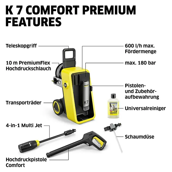 Kärcher Hochdruckreiniger K 7 Comfort Premium - 180 bar, 3.000 W, Fördermenge: 600 l/h, Ohne Home-Kit - Gelber und schwarzer Kärcher K7 Comfort Premium Hochdruckreiniger mit Düsen, Schlauch und Reinigerflasche.