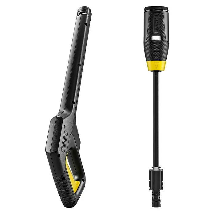 Kärcher Hochdruckreiniger K 7 Comfort Premium Home - 180 bar, 3.000 W, Fördermenge: 600 l/h, Inkl. Home-Kit - Schwarze Kärcher Hochdruckreiniger-Pistole mit gelben Akzenten und passende schwarze Sprühlanze.