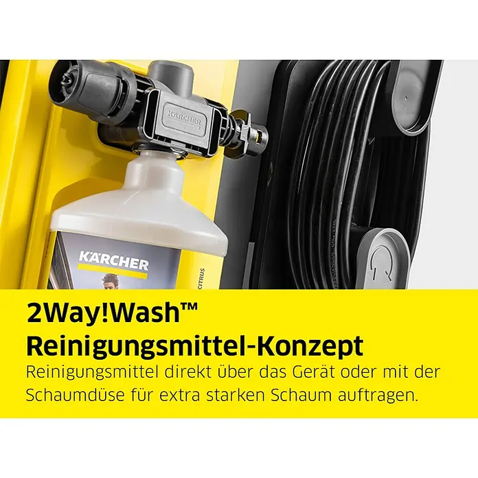 Kärcher Hochdruckreiniger K 7 Comfort Premium - 180 bar, 3.000 W, Fördermenge: 600 l/h, Ohne Home-Kit - Kärcher 2Way!Wash™ Reinigerflasche an Schaumdüse am gelben Reinigungsgerät für flexible Anwendung.