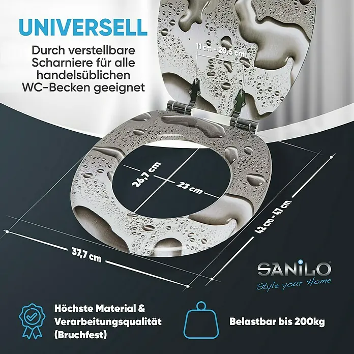 SANILO WC-Sitz Dewdrop mit Absenkautomatik - MDF, Grau, Mit Absenkautomatik