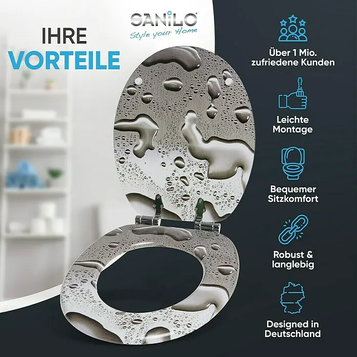 SANILO WC-Sitz Dewdrop mit Absenkautomatik - MDF, Grau, Mit Absenkautomatik