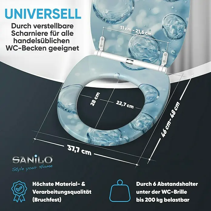 SANILO WC-Sitz Bubbles mit Schnellverschluss - MDF, Blau, Mit Absenkautomatik