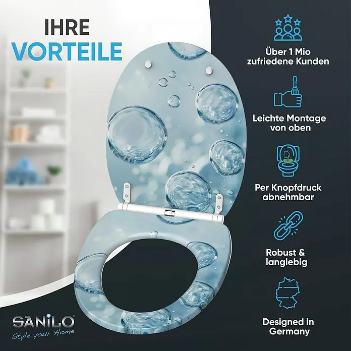 SANILO WC-Sitz Bubbles mit Schnellverschluss - MDF, Blau, Mit Absenkautomatik