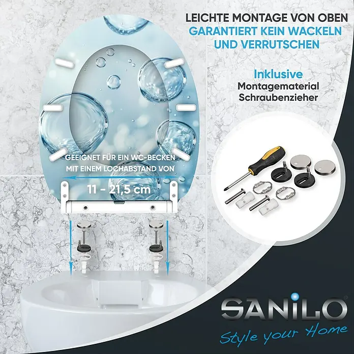 SANILO WC-Sitz Bubbles mit Schnellverschluss - MDF, Blau, Mit Absenkautomatik