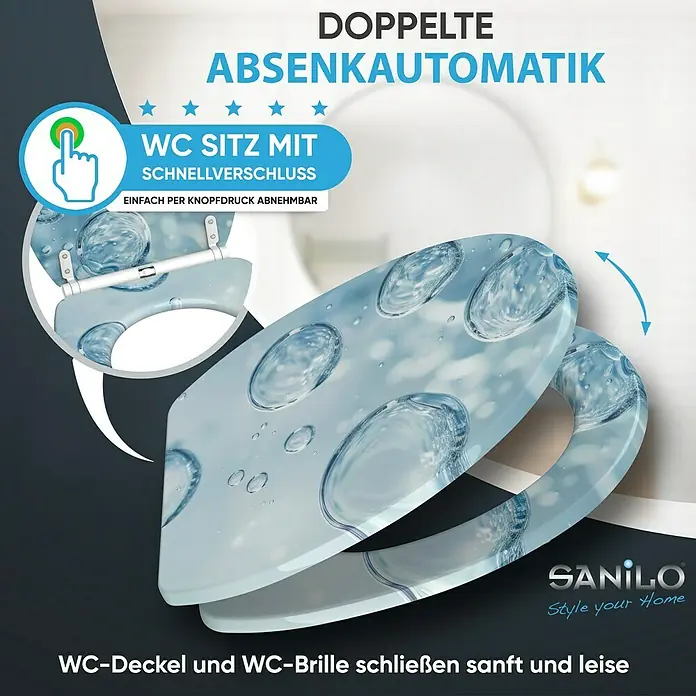 SANILO WC-Sitz Bubbles mit Schnellverschluss - MDF, Blau, Mit Absenkautomatik