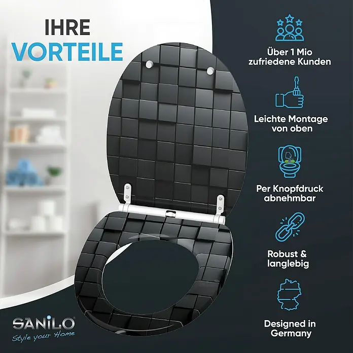 SANILO WC-Sitz Cube mit Schnellverschluss - MDF, Schwarz, Mit Absenkautomatik