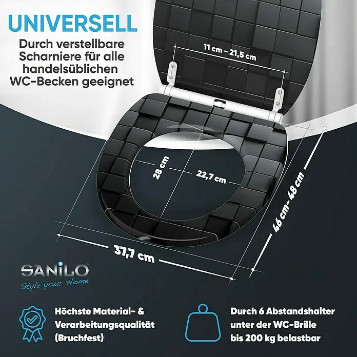 SANILO WC-Sitz Cube mit Schnellverschluss - MDF, Schwarz, Mit Absenkautomatik