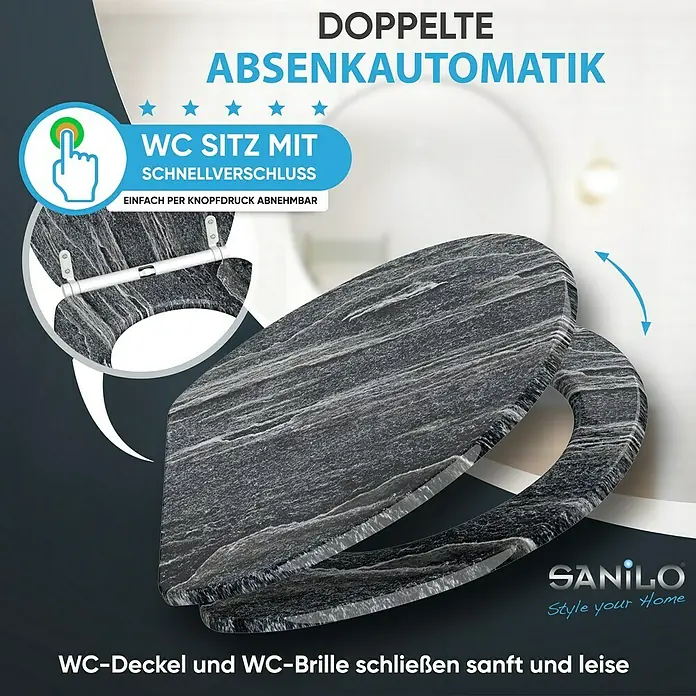 SANILO WC-Sitz Schiefer mit Schnellverschluss - MDF, Schwarz, Mit Absenkautomatik