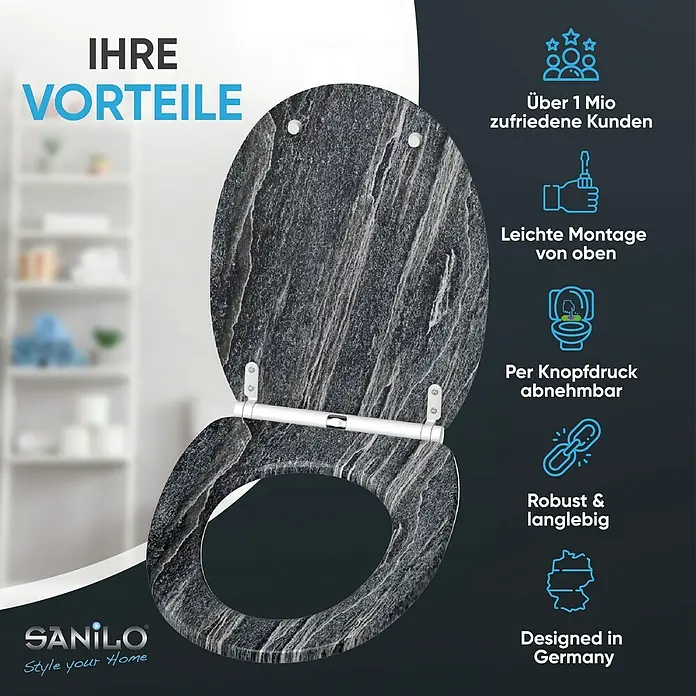 SANILO WC-Sitz Schiefer mit Schnellverschluss - MDF, Schwarz, Mit Absenkautomatik