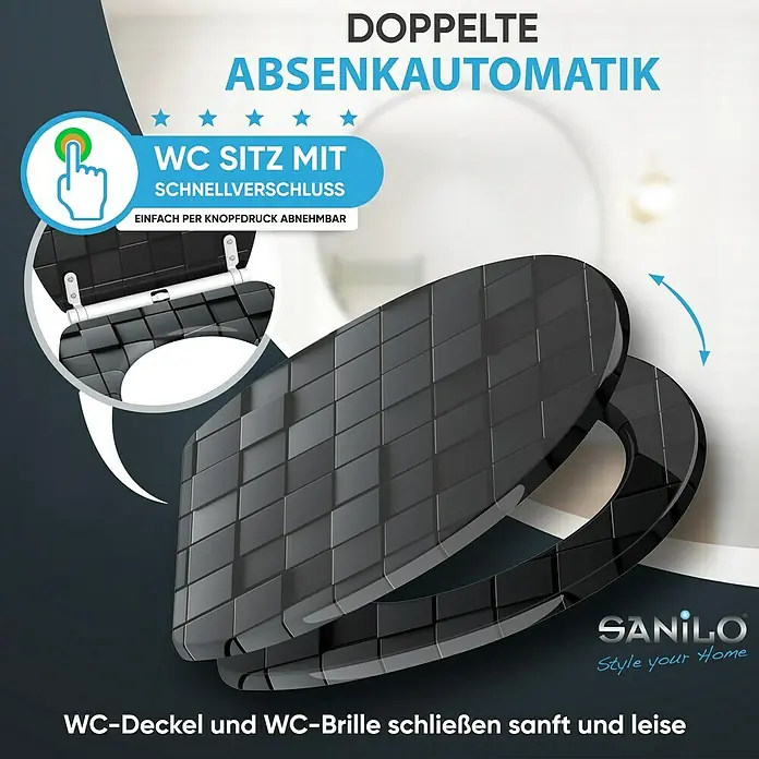 SANILO WC-Sitz Cube mit Schnellverschluss - MDF, Schwarz, Mit Absenkautomatik