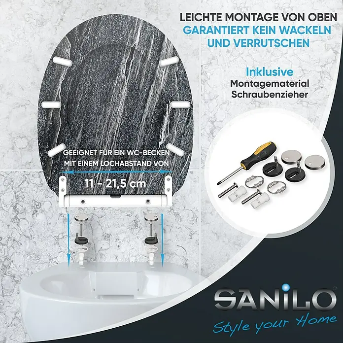 SANILO WC-Sitz Schiefer mit Schnellverschluss - MDF, Schwarz, Mit Absenkautomatik