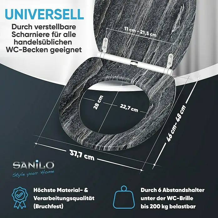 SANILO WC-Sitz Schiefer mit Schnellverschluss - MDF, Schwarz, Mit Absenkautomatik