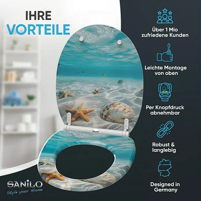 SANILO WC-Sitz Waterworld mit Schnellverschluss - MDF, Blau, Mit Absenkautomatik