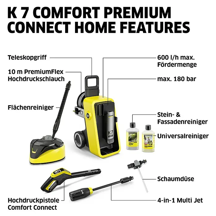 Kärcher Hochdruckreiniger K 7 Comfort Premium Connect Home - 3.000 W, Max. Druck: 180 bar, Fördermenge: 600 l/h, Inkl. Home-Kit - Gelb-schwarzer Kärcher K7 Hochdruckreiniger mit Hochdruckpistole, Schlauch, Flächenreiniger, Reinigern und verschiedenen Düsen.