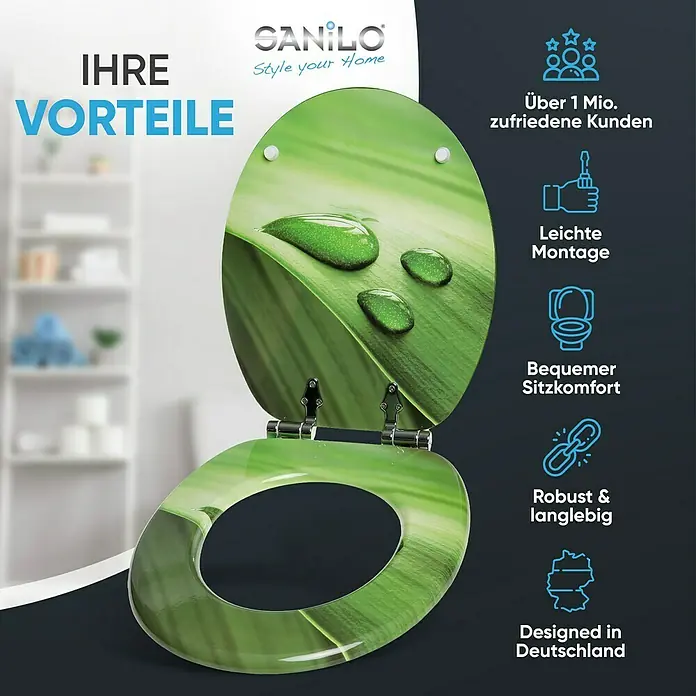 SANILO WC-Sitz Green Leaf mit Absenkautomatik - MDF, Grün, Mit Absenkautomatik