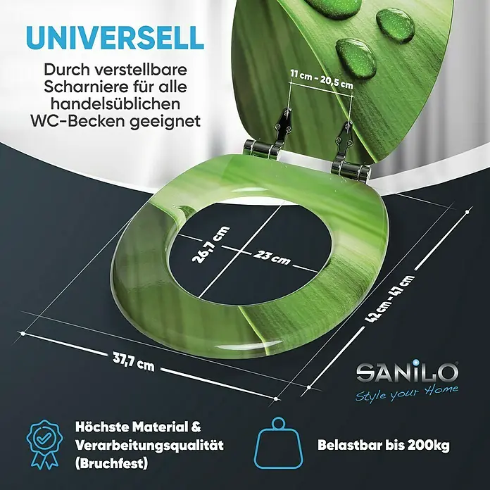 SANILO WC-Sitz Green Leaf mit Absenkautomatik - MDF, Grün, Mit Absenkautomatik