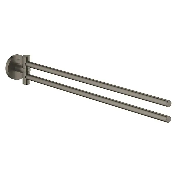 Grohe Essentials Handtuchhalter - 2-armig, Hard Graphite, Matt - Nahaufnahme eines schwenkbaren Handtuchhalters in gebürstetem Grau, ideal für Badezimmer.