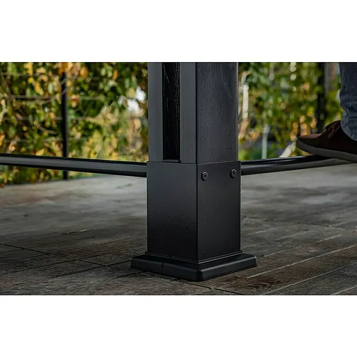 Keter Pérgola para barbacoa Grill Gazebo - An x Pr: 247 x 200 cm, Antracita, Plástico - Base de poste negra y poste con barandilla horizontal, fijados de forma segura en una cubierta de madera.