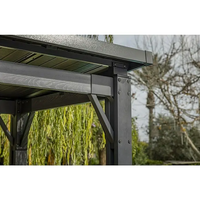 Keter Pérgola para barbacoa Grill Gazebo - An x Pr: 247 x 200 cm, Antracita, Plástico - Estructura de esquina de pérgola gris oscuro con vigas texturizadas, columna metálica y tirantes de soporte.
