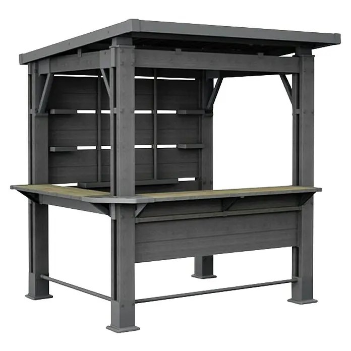 Keter Pérgola para barbacoa Bar Gazebo - An x Pr: 230 x 200 cm, Antracita, Plástico - Barra o estación de servicio exterior de madera gris con mostrador y estantes para bebidas y suministros.
