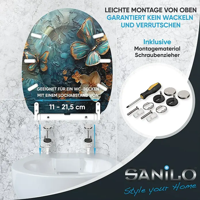 SANILO WC-Sitz Mariposa mit Schnellverschluss - MDF, Blau, Mit Absenkautomatik