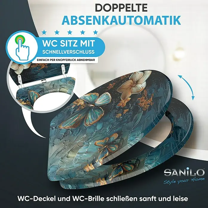 SANILO WC-Sitz Mariposa mit Schnellverschluss - MDF, Blau, Mit Absenkautomatik