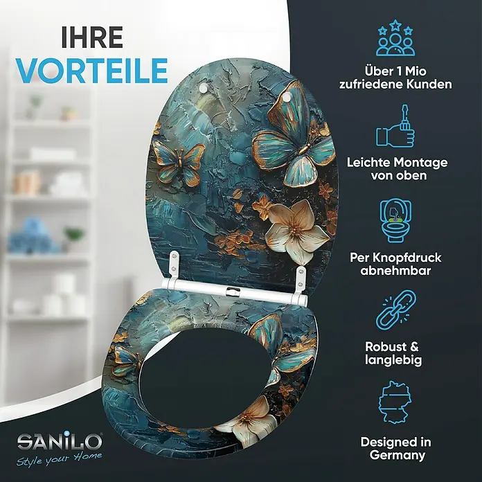 SANILO WC-Sitz Mariposa mit Schnellverschluss - MDF, Blau, Mit Absenkautomatik