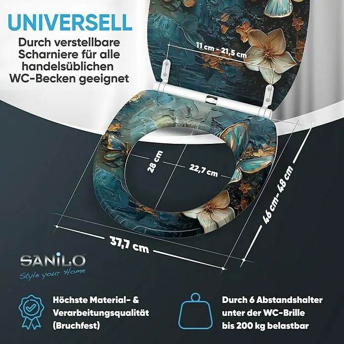 SANILO WC-Sitz Mariposa mit Schnellverschluss - MDF, Blau, Mit Absenkautomatik