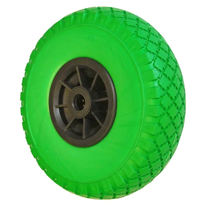 Sackkarren-Ersatzrad - Durchmesser: 26 cm, Traglast: 100 kg, Nabenbreite: 75 mm, Blockprofil - Grüner Schubkarrenreifen mit schwarzer Nabe für zuverlässige Leistung und Haltbarkeit.
