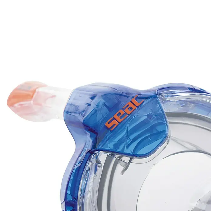 Seac Sub Máscara de Snorkel Fun Junior - XS/S, Plástico, Azul/Naranja - Primer plano de una máscara de buceo Seac azul con esnórquel naranja.